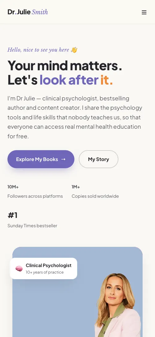 Dr Julie Smith homepage on mobile