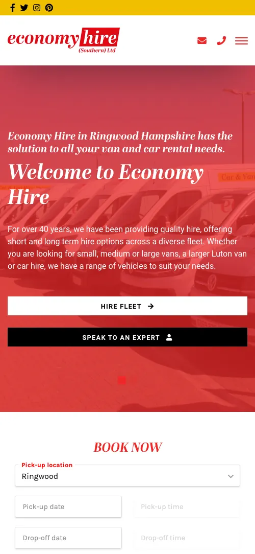 Economy Hire homepage on mobile